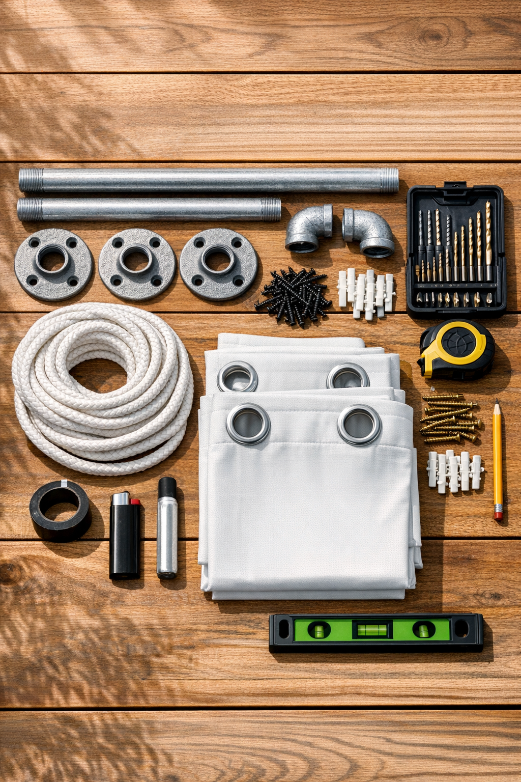 Outdoor curtain rod materials laid out neatly