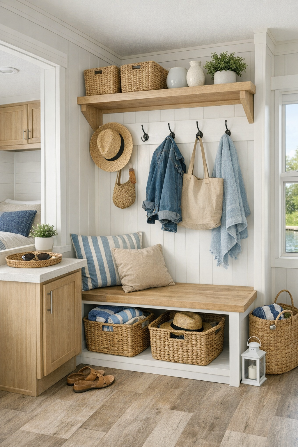 Organized entry and multipurpose nook with coastal storage details