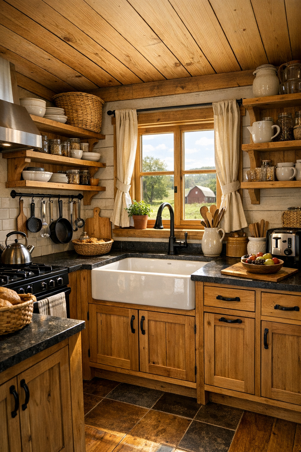 Compact barn-style kitchen with inset wood cabinets, farmhouse sink, and dark counters