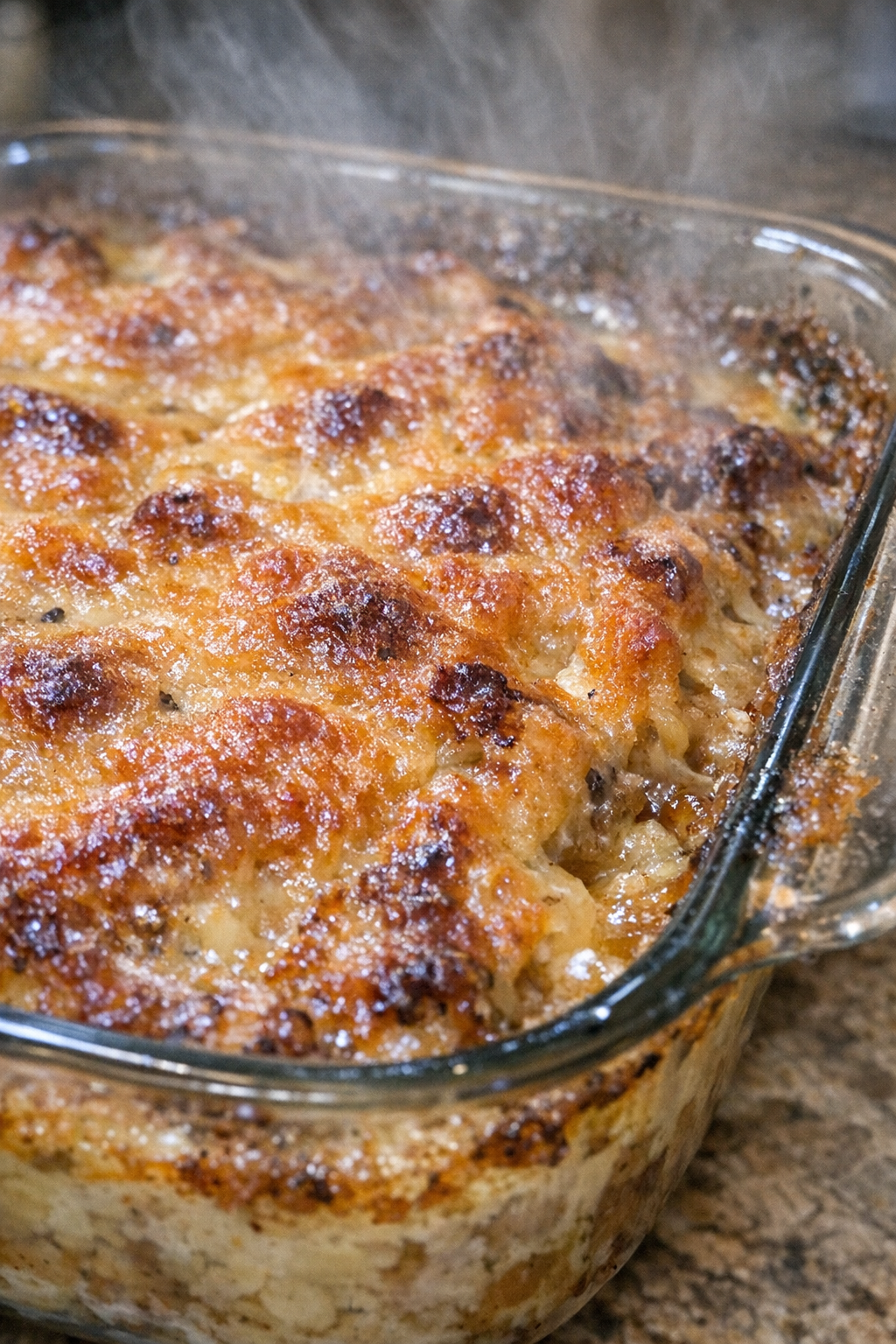 Caramelized casserole in a glass baking dish