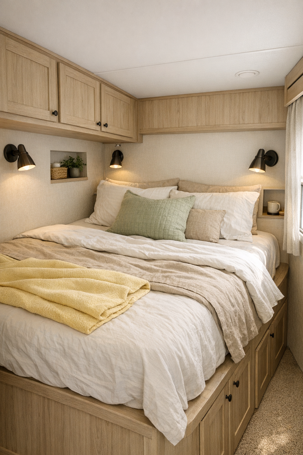 Serene RV camper bedroom with platform bed and layered neutral linens