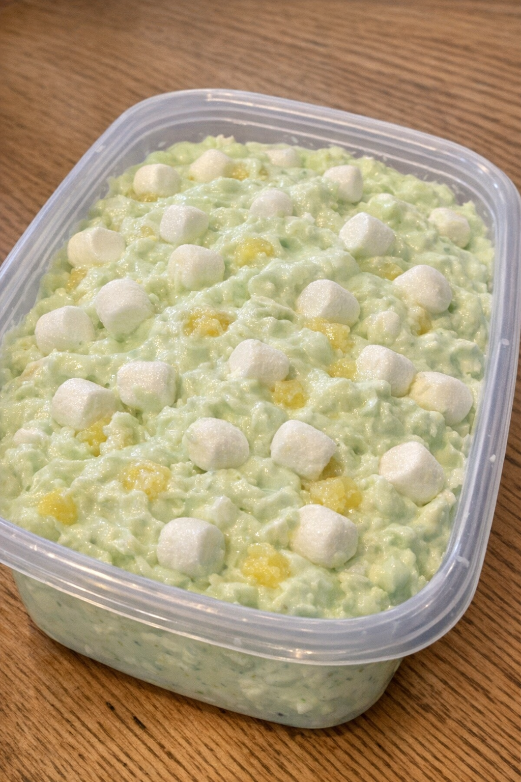 Pistachio fluff in a plastic container