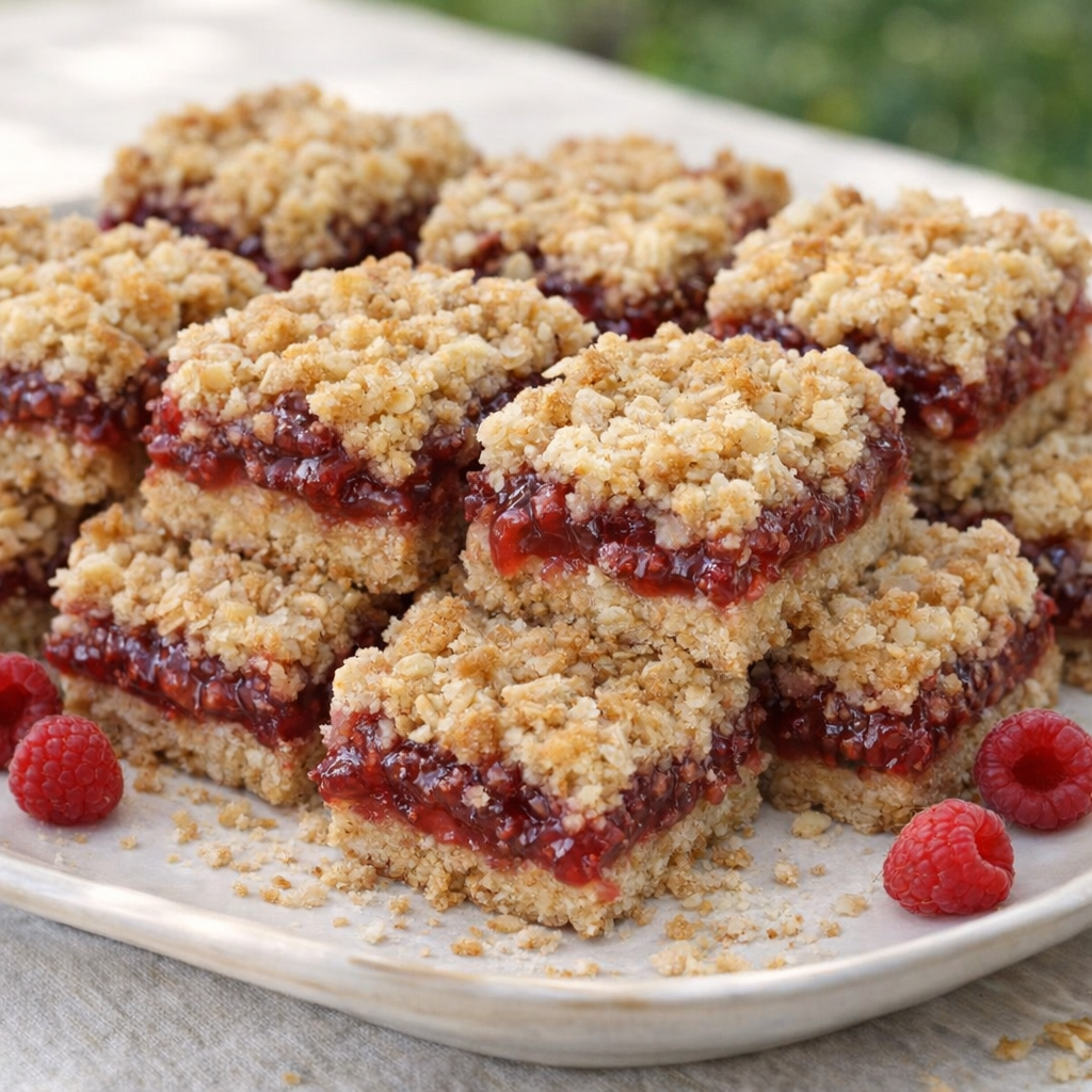 Cut raspberry oat bars arranged on a simple platter
