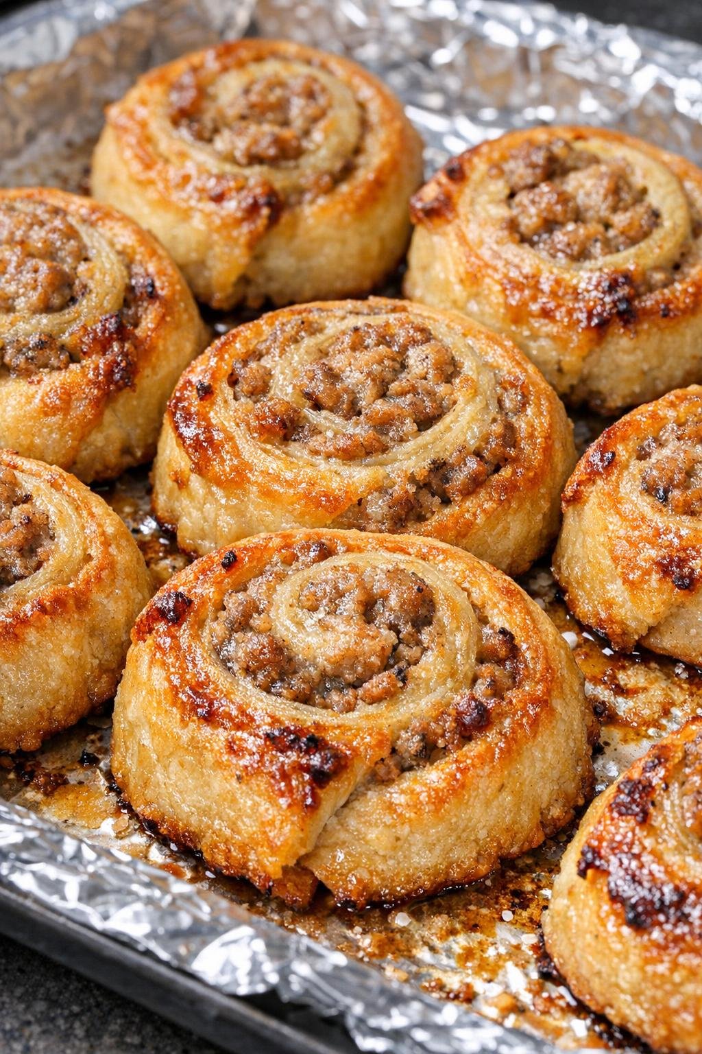 Southern sausage pinwheels baked until golden brown on a foil-lined tray