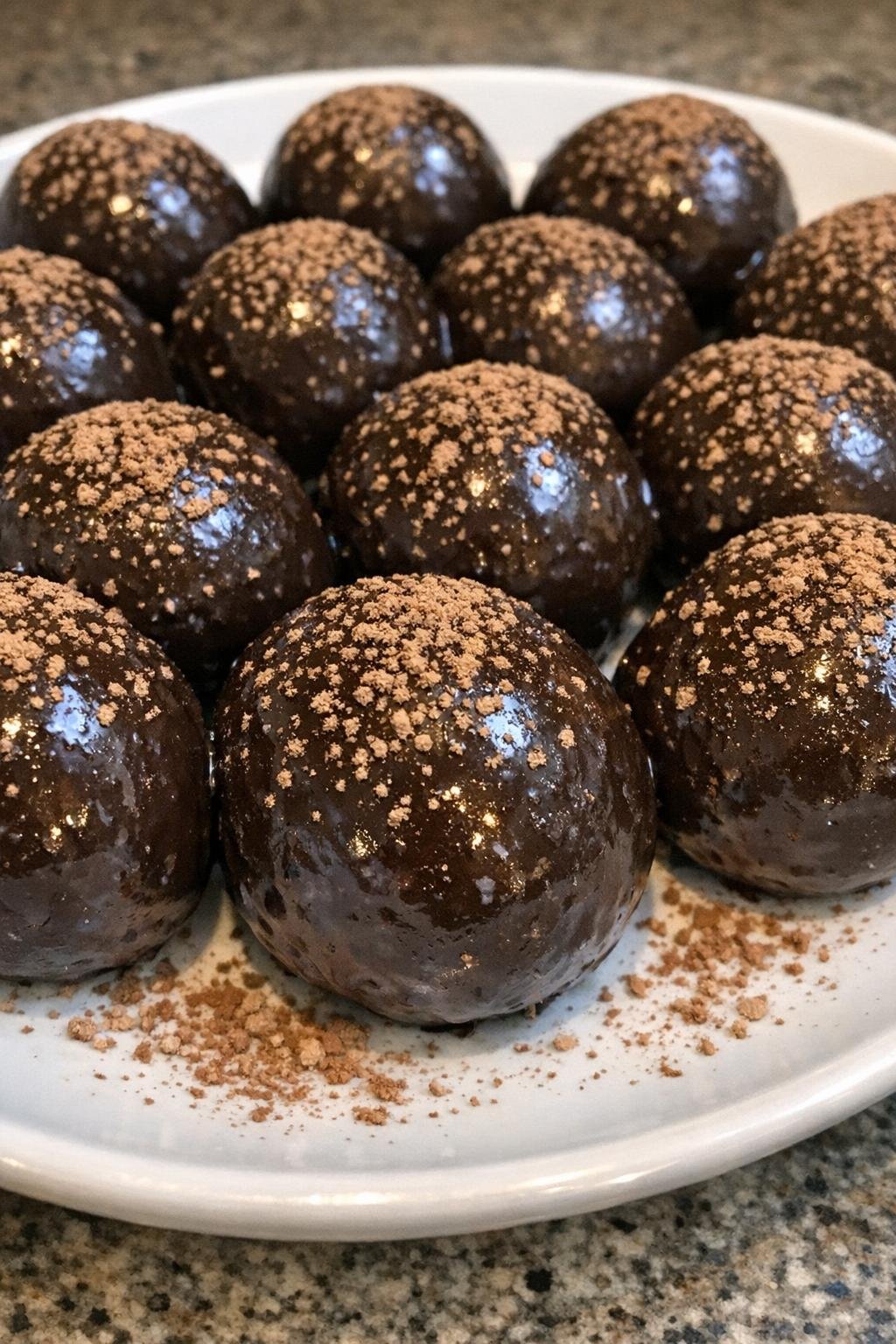 Round chilled dark chocolate cream balls dusted with cocoa powder on a white plate