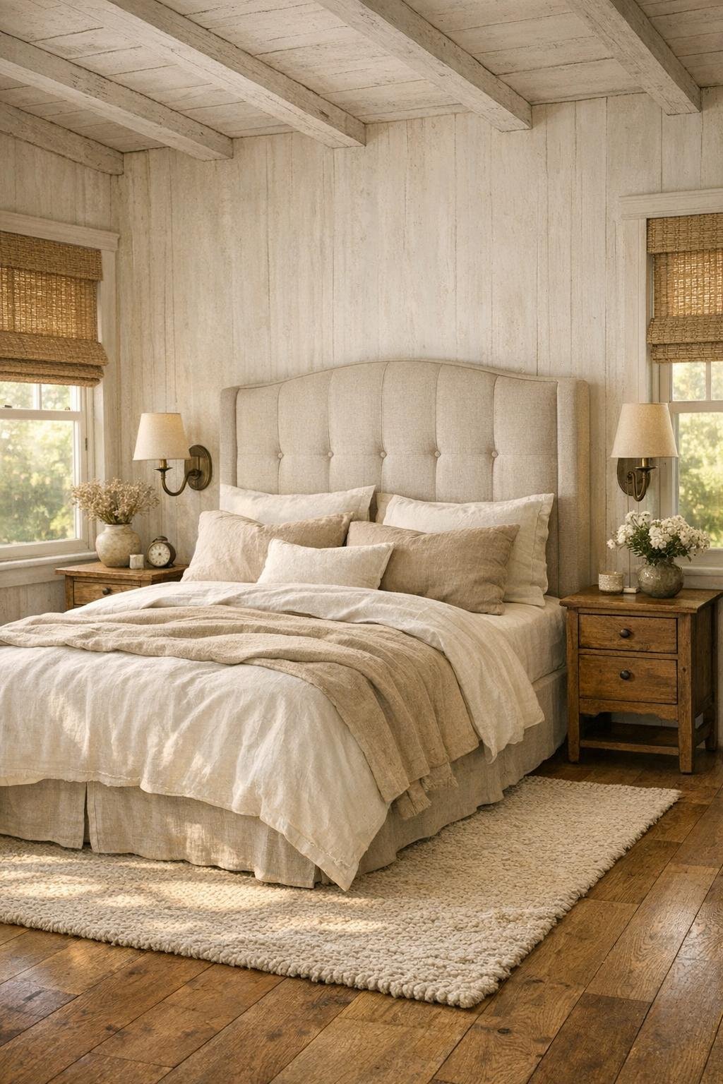 Serene farmhouse bedroom with layered linen bedding and soft neutral tones