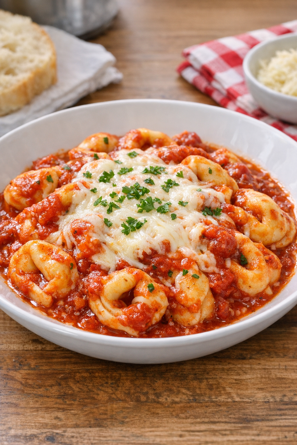 Finished cheese tortellini in marinara and melted cheese