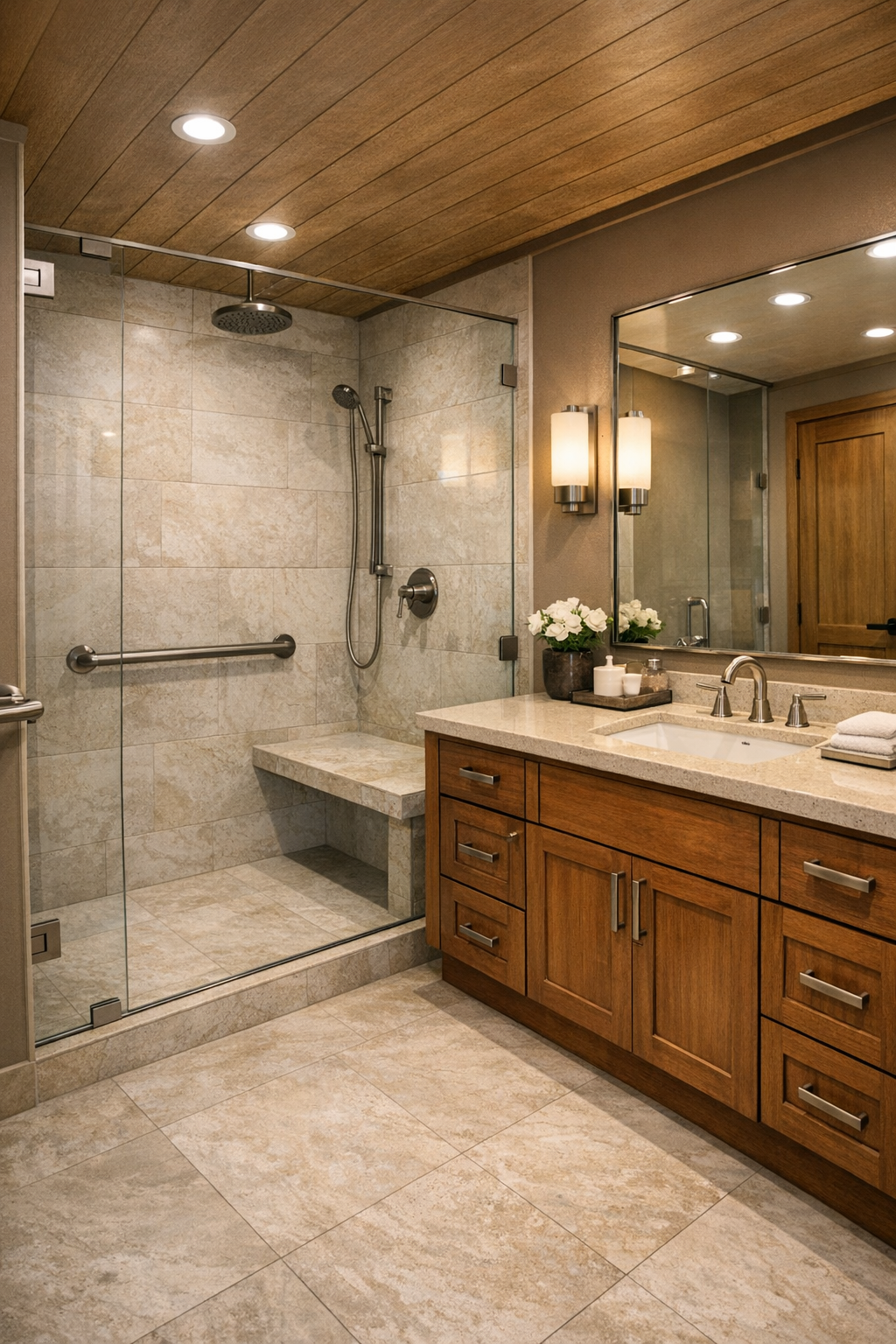 Accessible bathroom with curbless shower, stone-look tile, and warm wood vanity