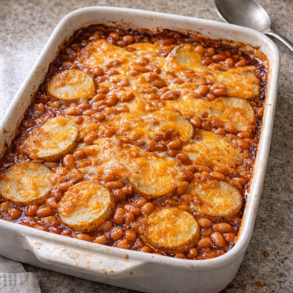 Ceramic casserole dish filled with baked bean potato casserole on a kitchen counter