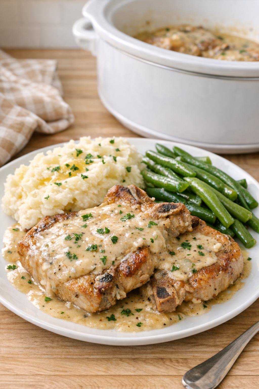 Finished plated pork chops with creamy sauce