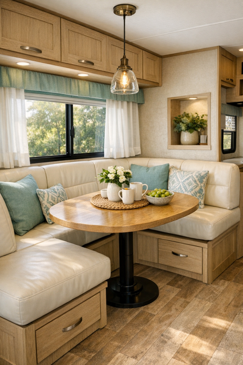 Cozy RV dining nook with built-in banquette and rounded table