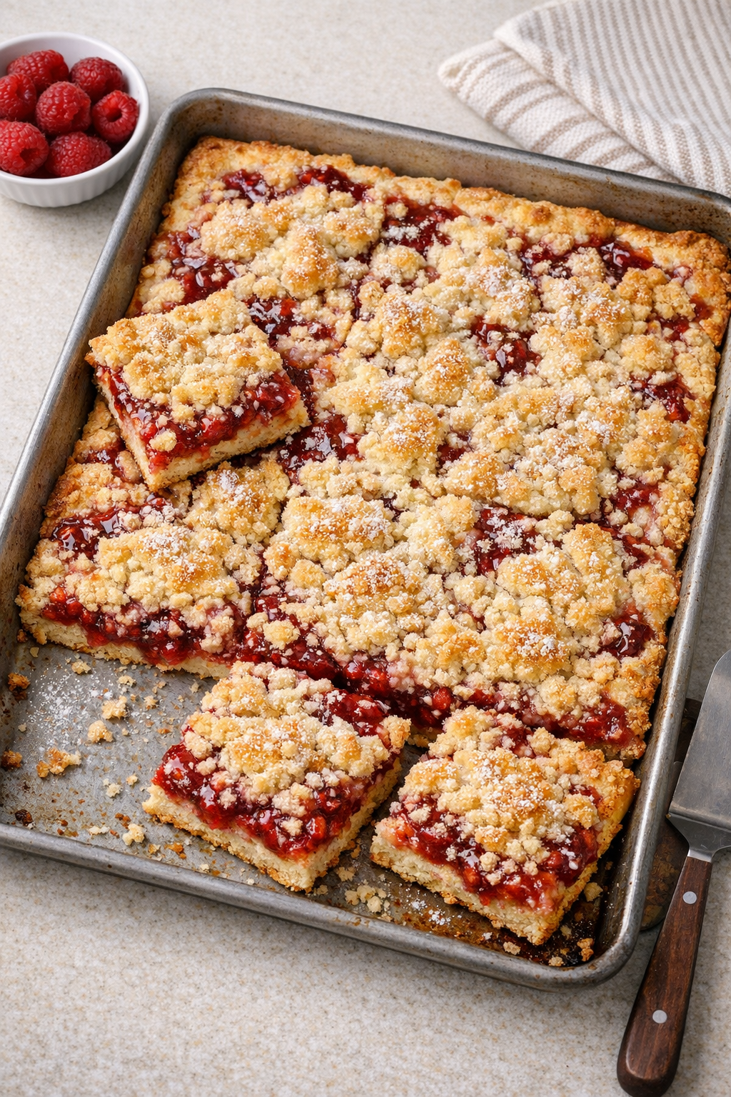 Finished raspberry dessert in a sheet pan