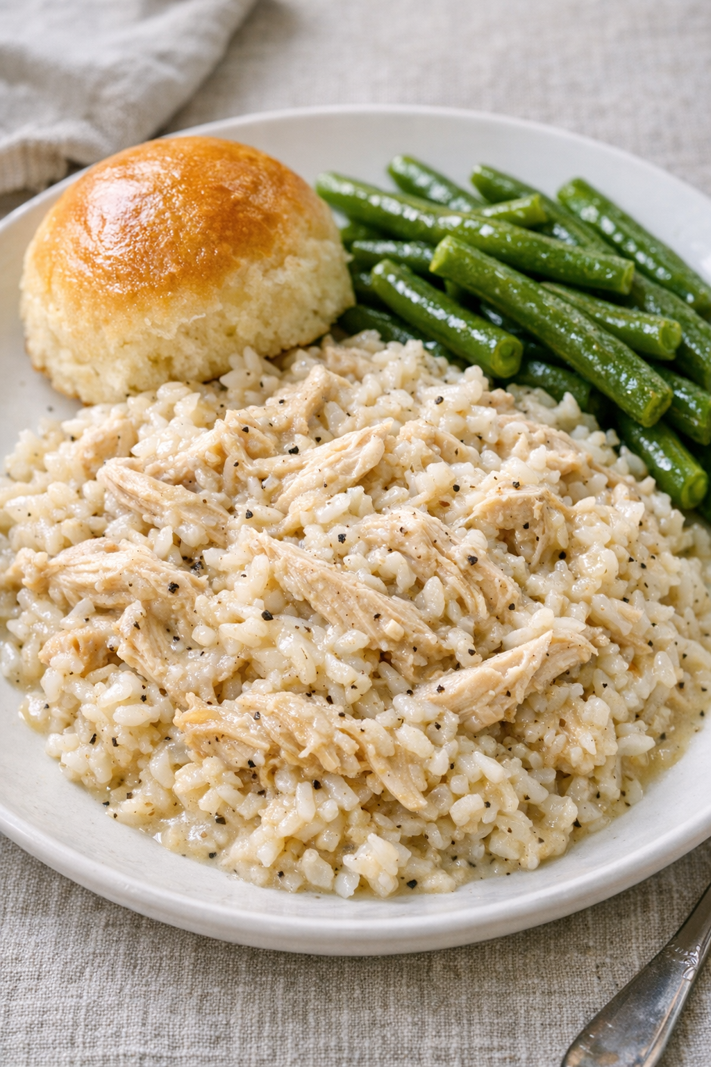 Finished Amish chicken and rice plated with simple sides