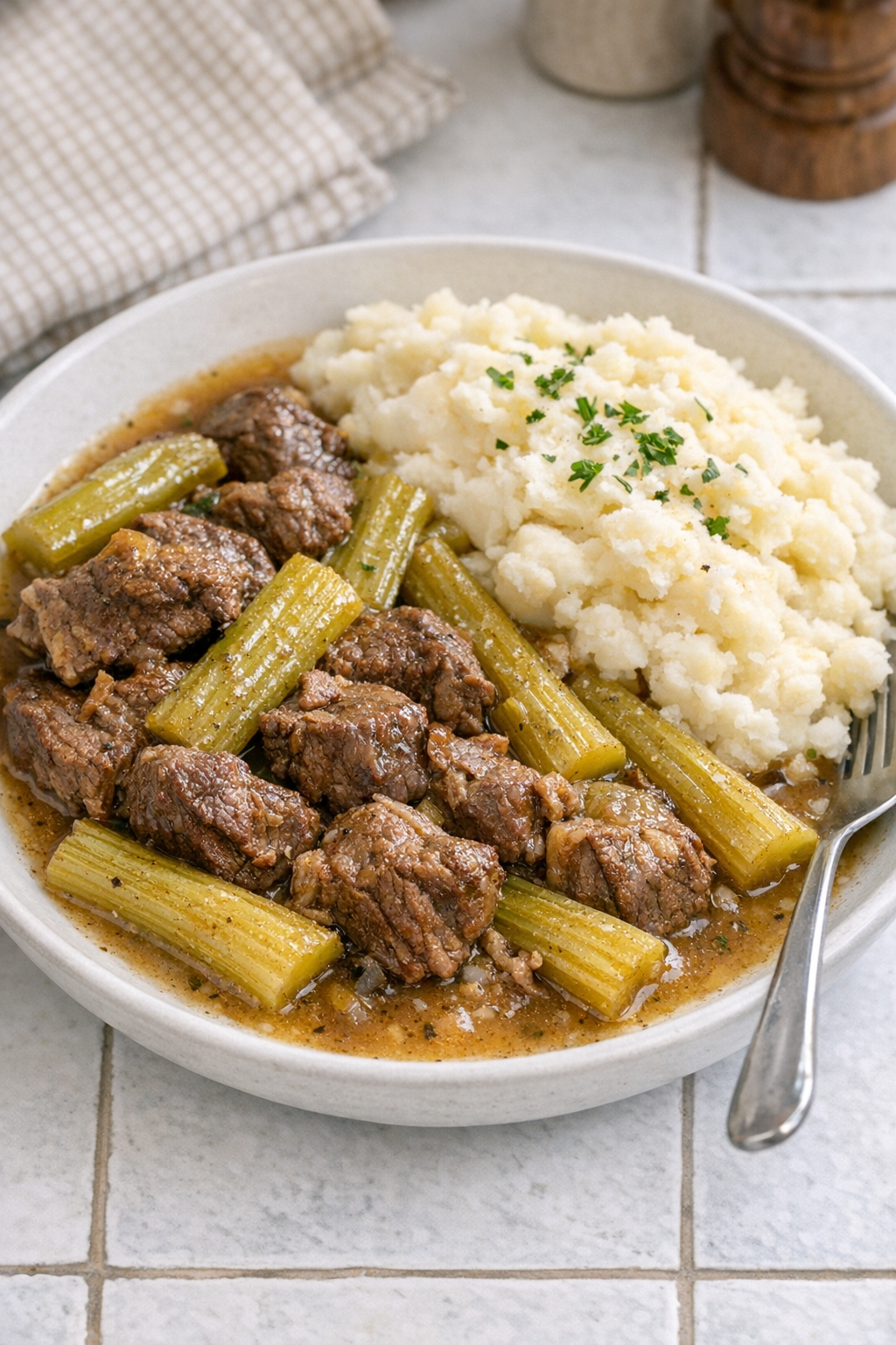 Finished poor man’s beef and celery plated for supper