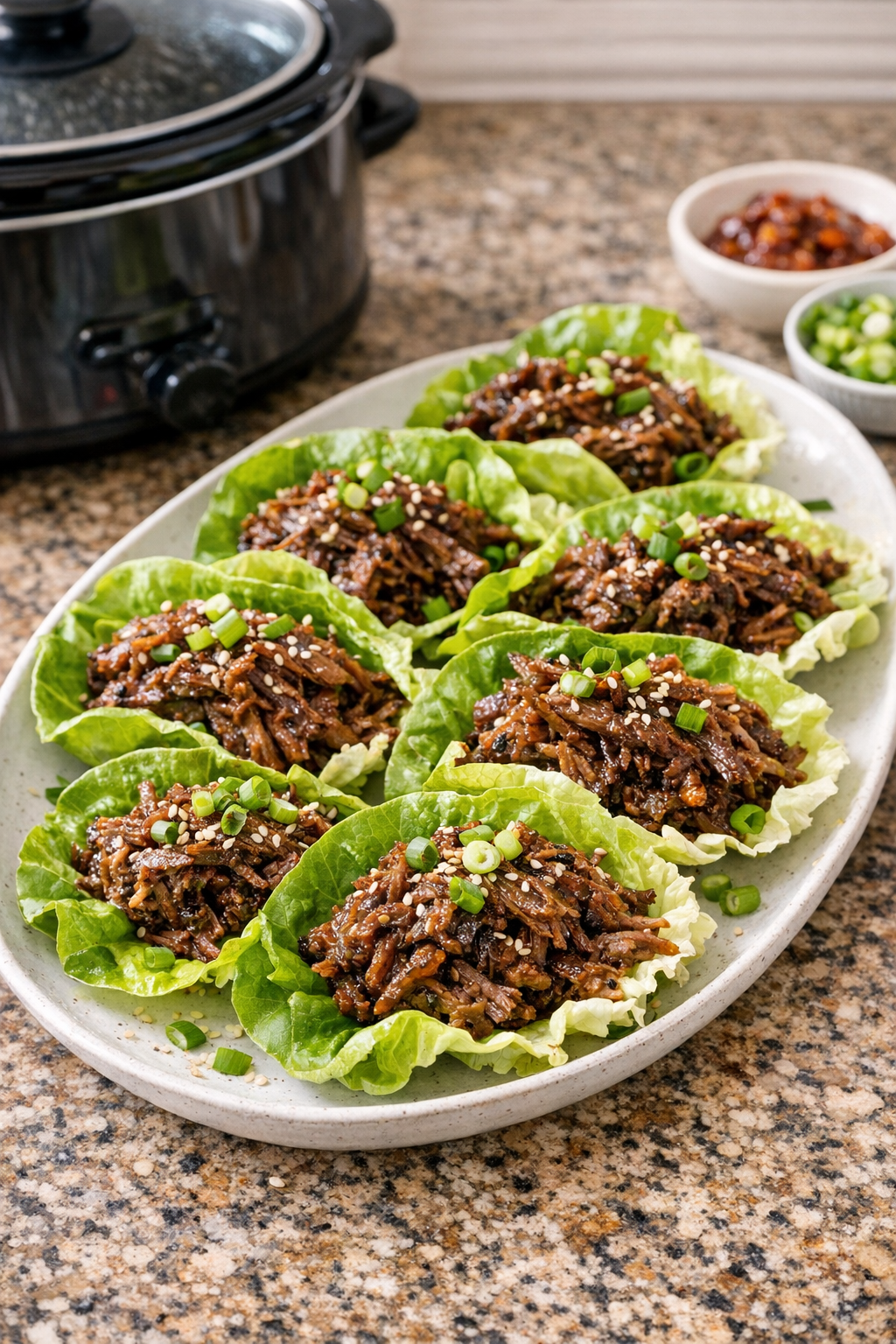 Finished Korean beef lettuce wraps on a serving platter