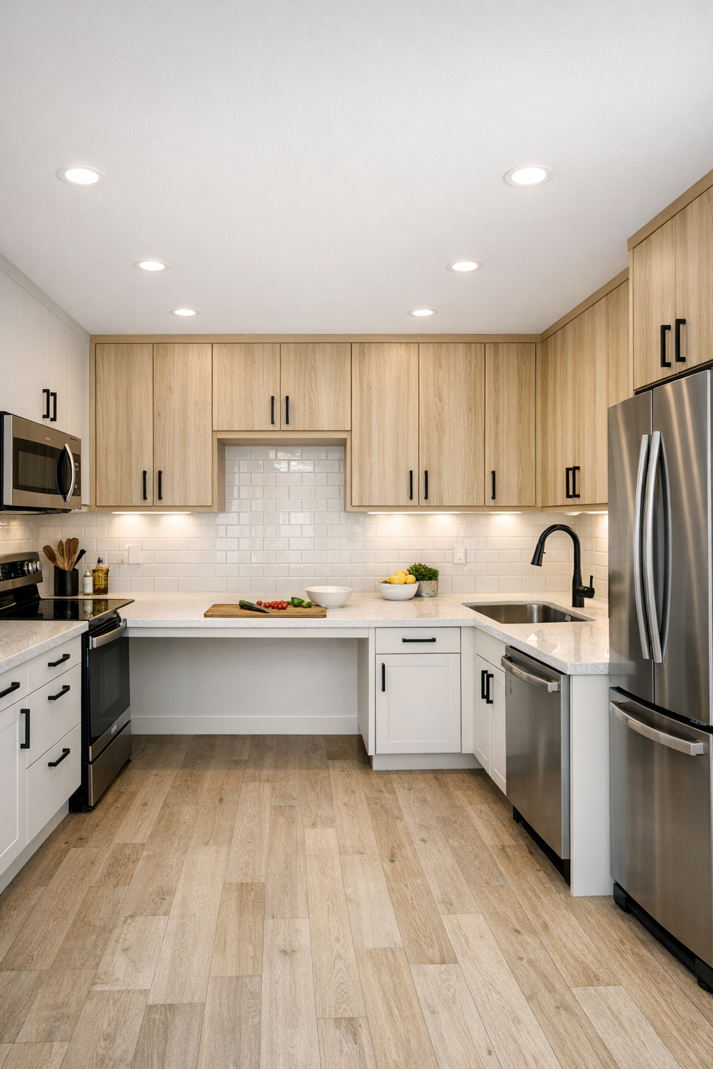 Accessible modern kitchen with pale wood cabinets, white cabinetry, and quartz counters