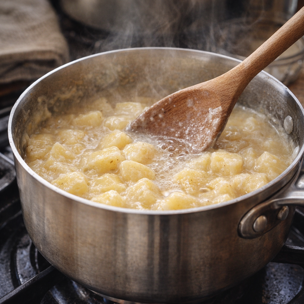 Leftover creamy potatoes being reheated in a small saucepan