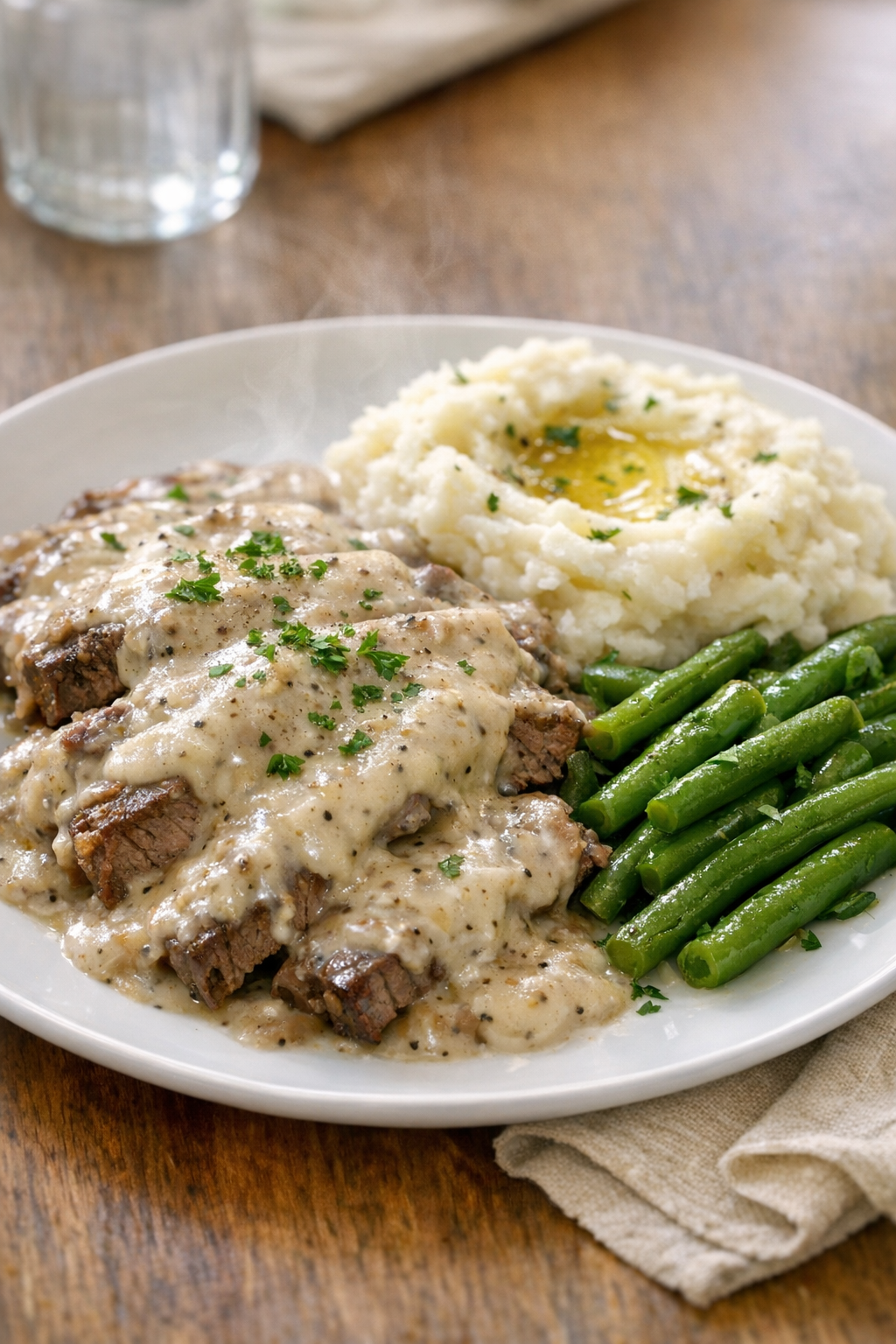 Finished Amish beef and pepper gravy casserole plated with mashed potatoes