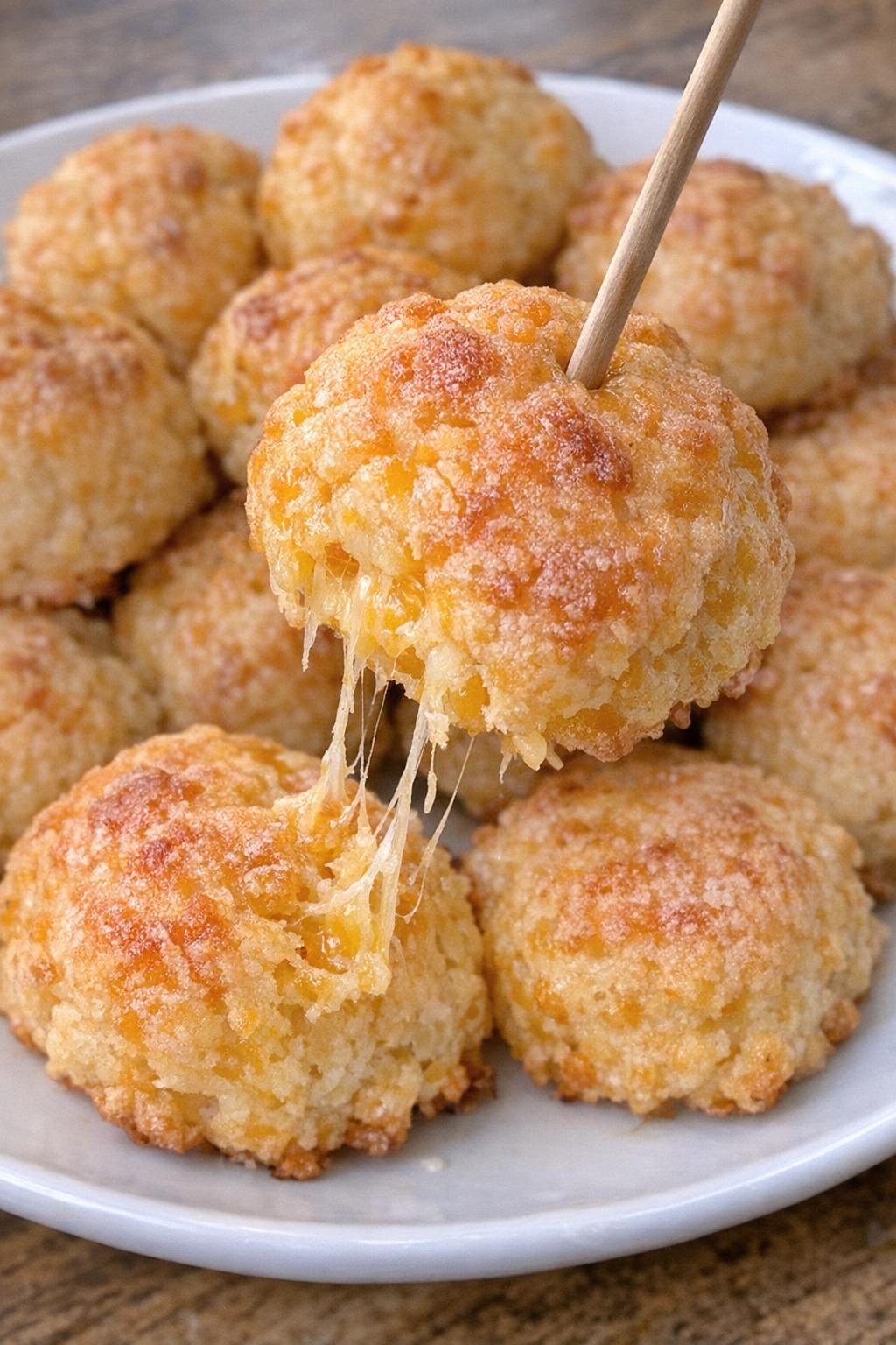 Close up of cheddar wheeler balls on a white plate