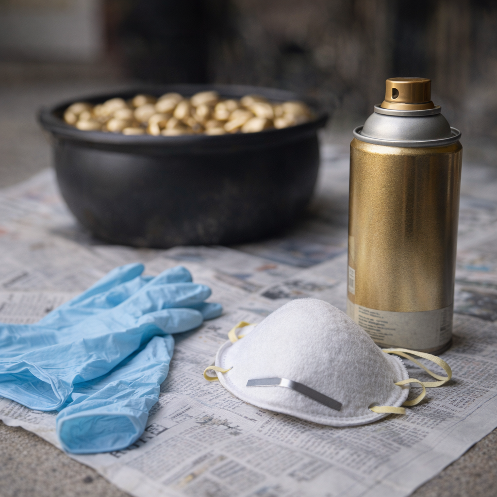 Safety gear set beside spray painting workspace