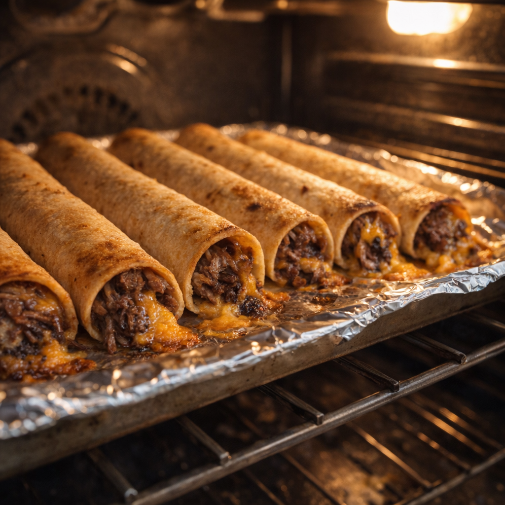 Taquitos crisping in the oven on a sheet pan