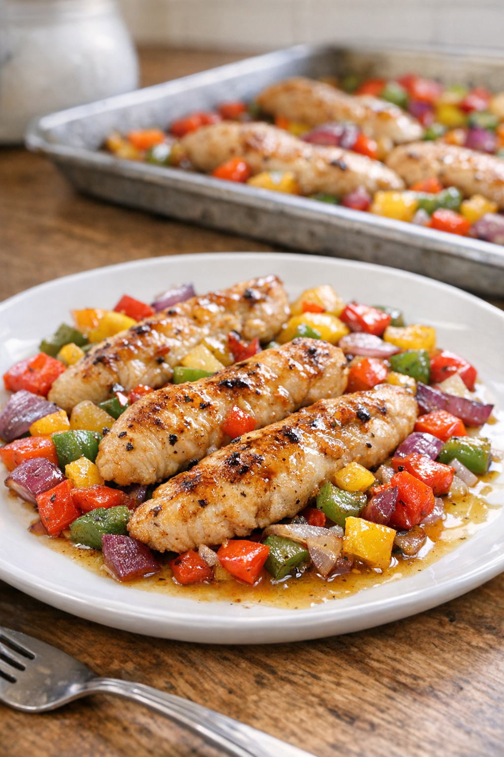Finished plated bellbottom chicken with roasted peppers and onions