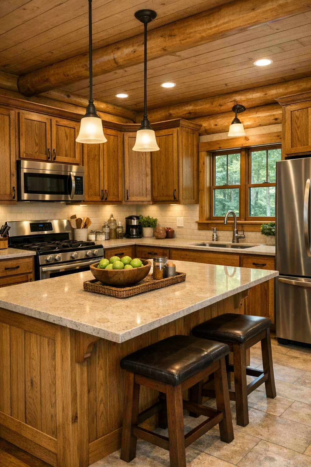 Amish-crafted kitchen with wood cabinetry, cream stone counters, and a functional island