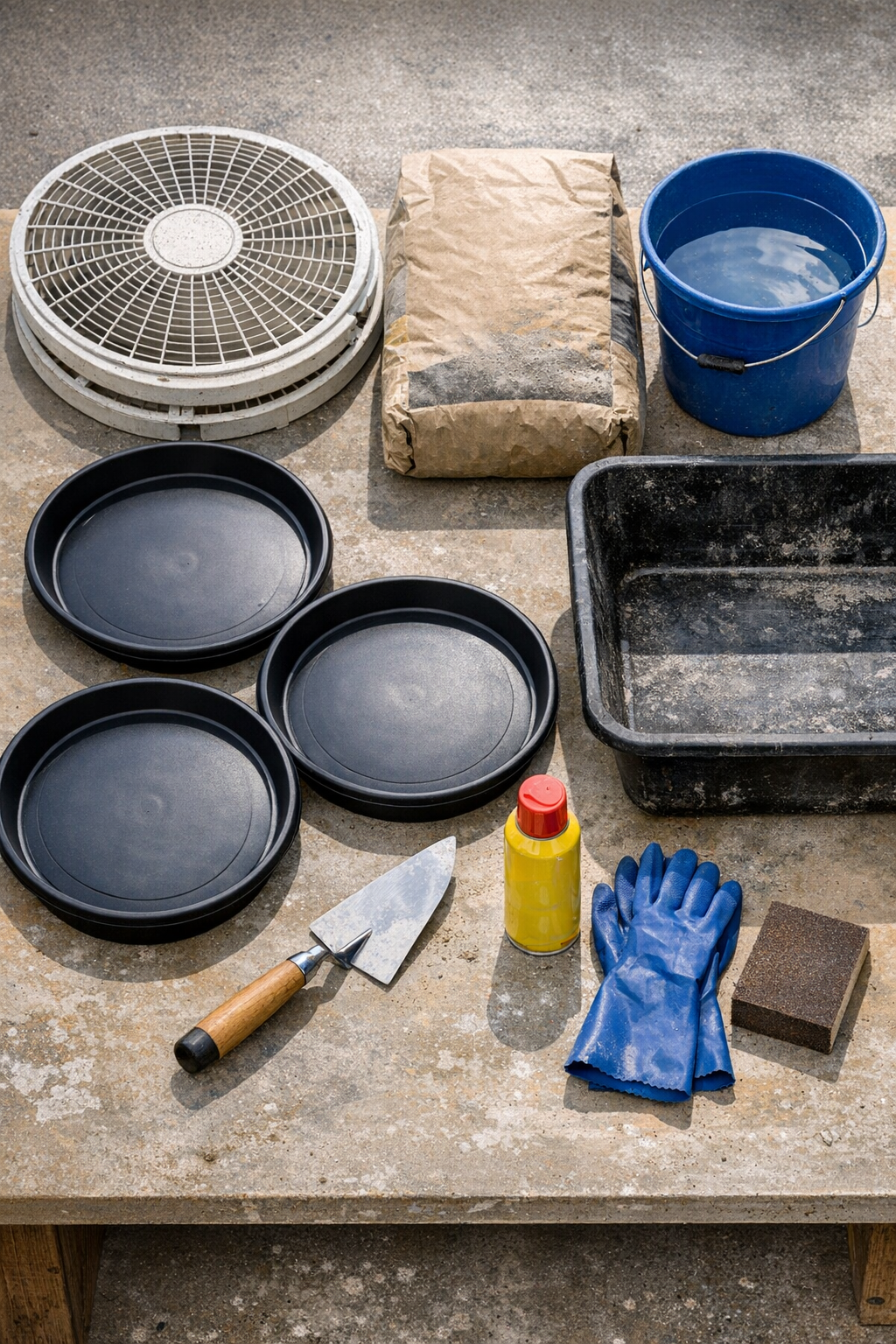 Materials laid out for making sunburst concrete stepping stones