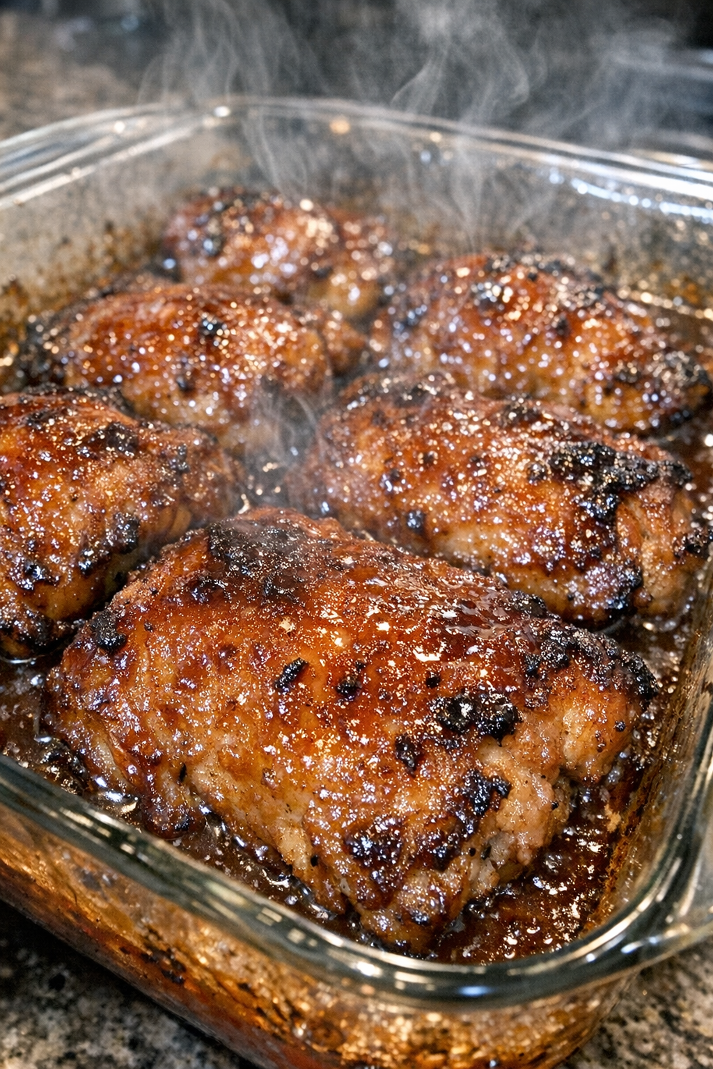 Roasted glazed chicken in a glass casserole dish