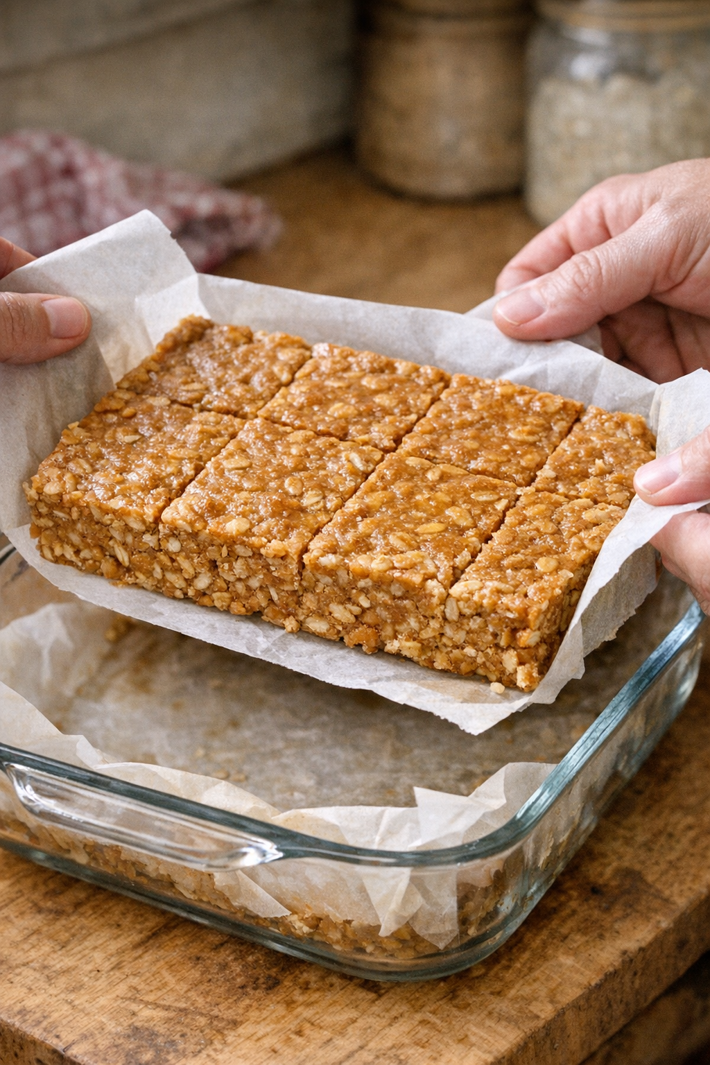 Chilled oat bars being lifted from the pan with parchment