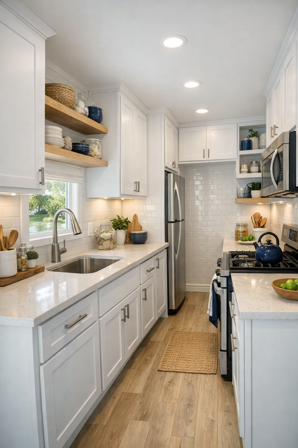 Compact coastal kitchen with white shaker cabinets, light counters, and navy accents