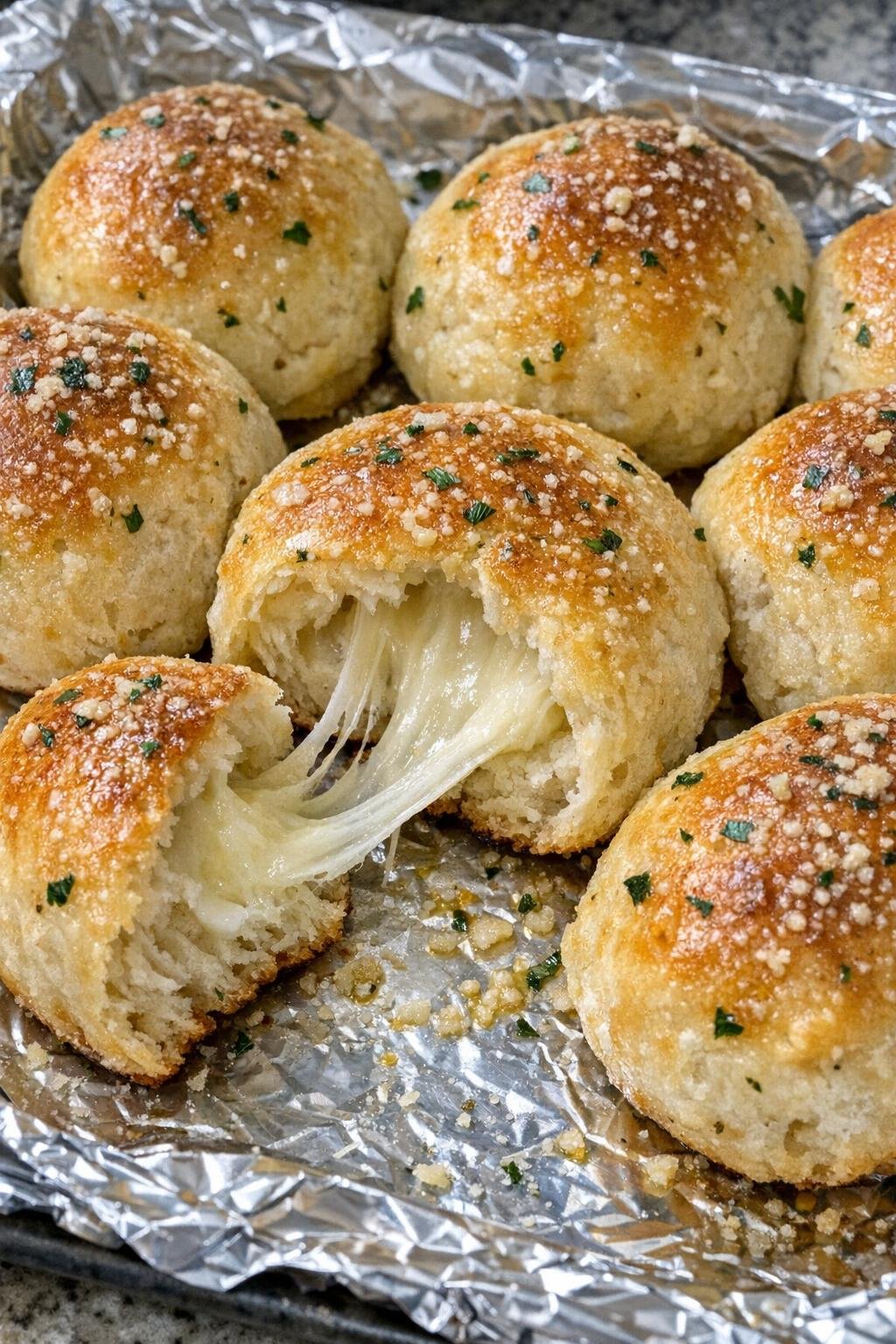 Golden biscuit balls brushed with garlic butter on a foil-lined baking tray