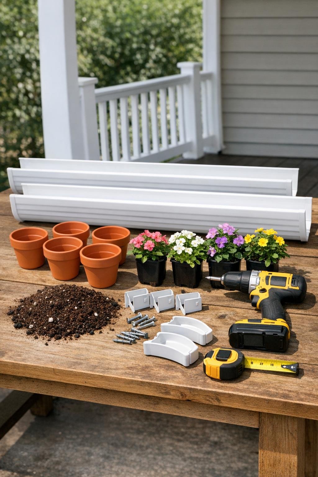 Materials for a rain gutter terracotta pot porch planter laid out together