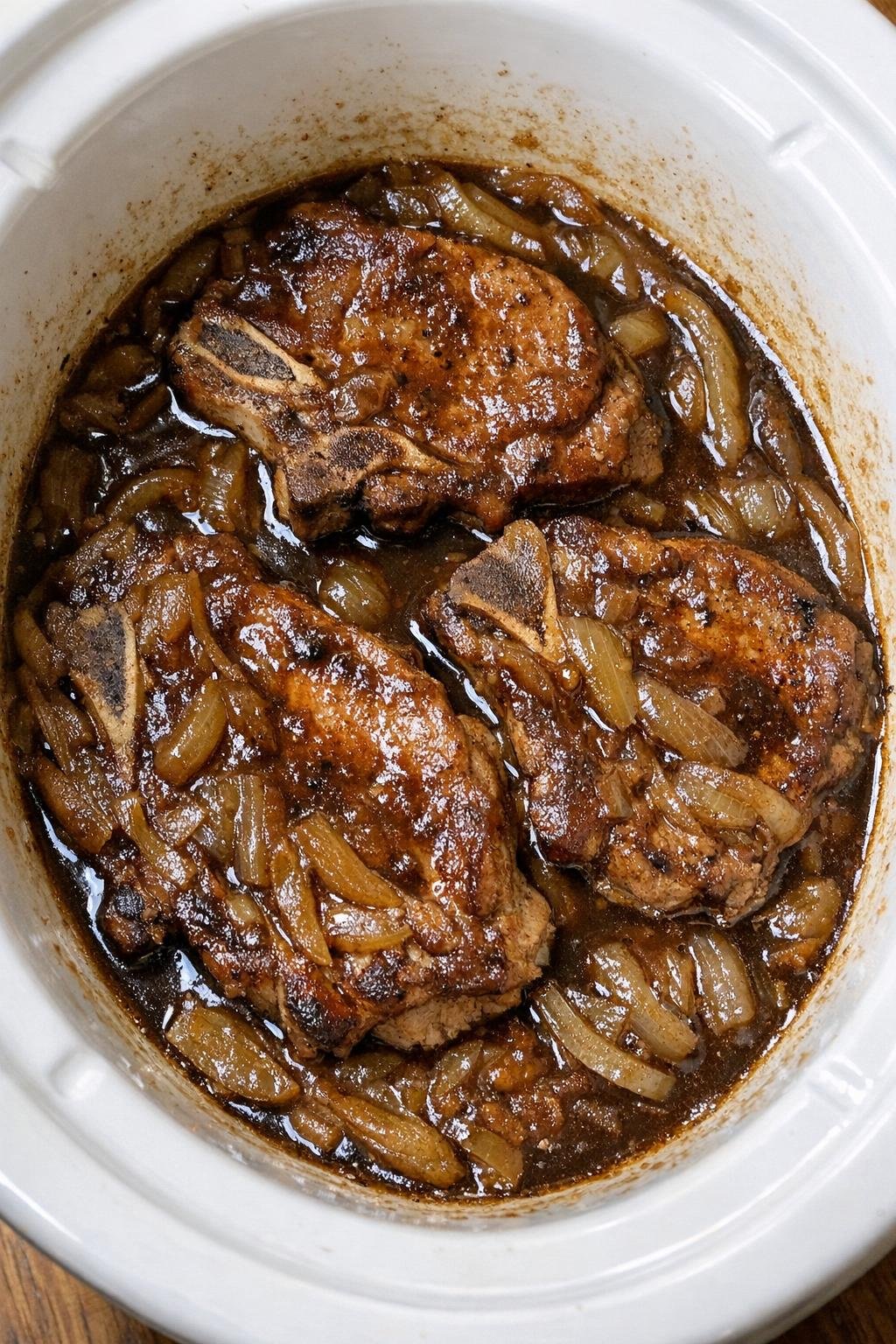 Slow cooker Guinness onion pork chops in a white slow cooker