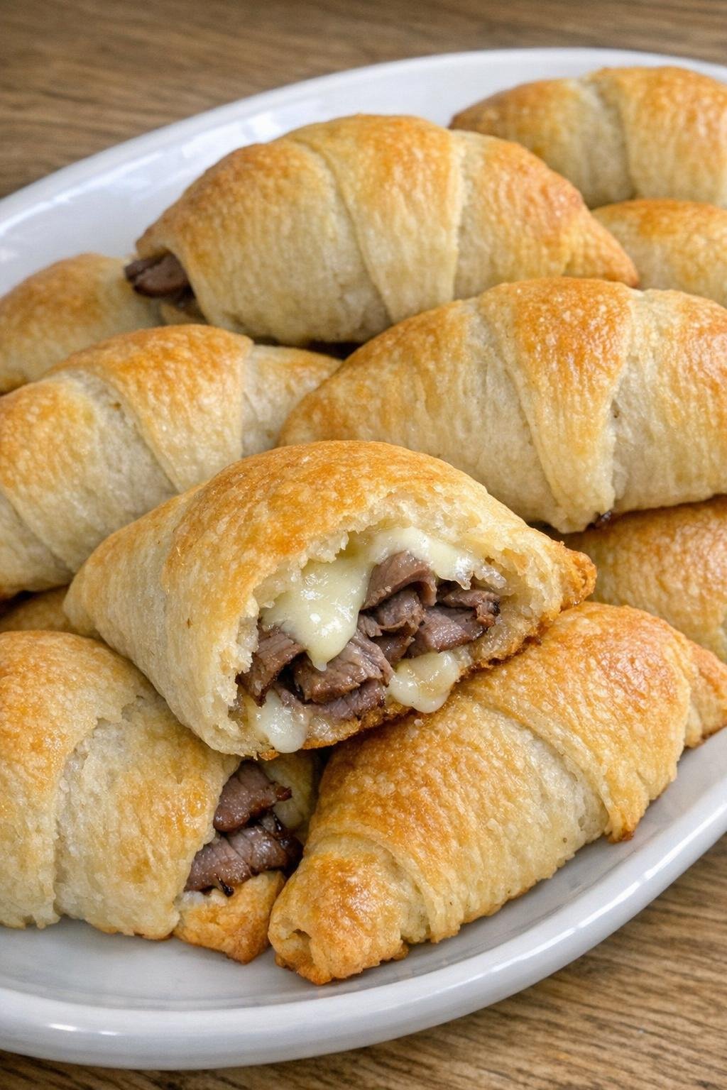 Golden brown crescent pockets with roast beef and havarti on a white platter