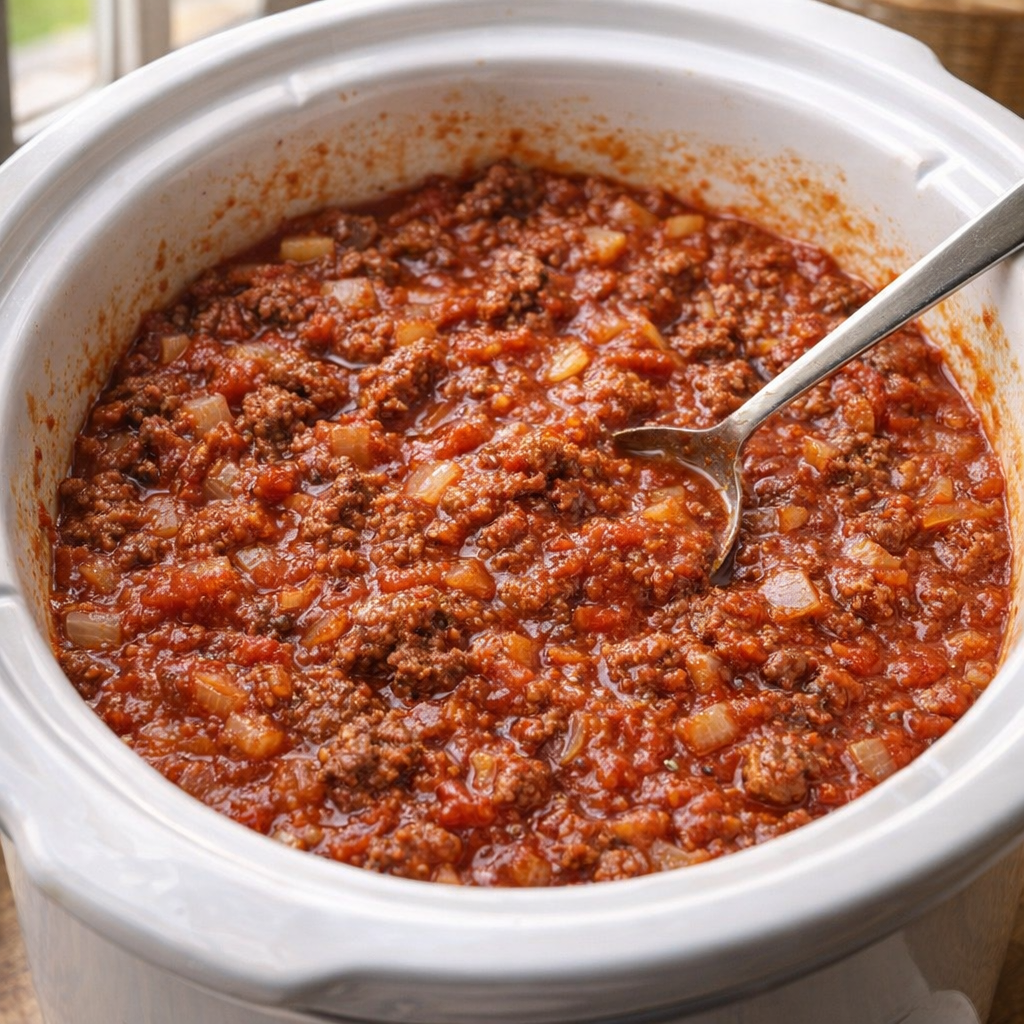 Tomato sauce and beef mixture in a slow cooker