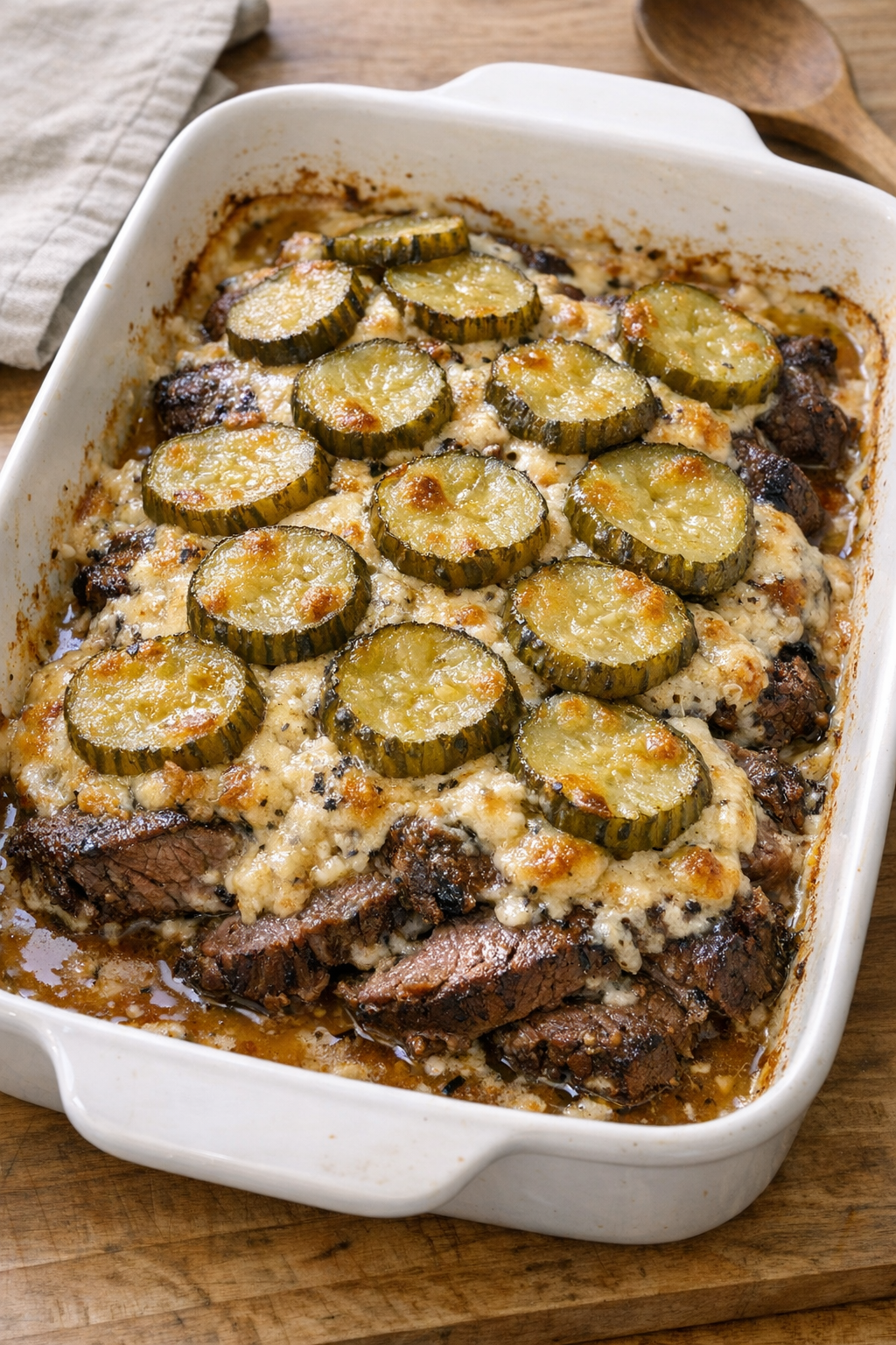 Finished baked ribeye and dill pickle casserole in a baking dish