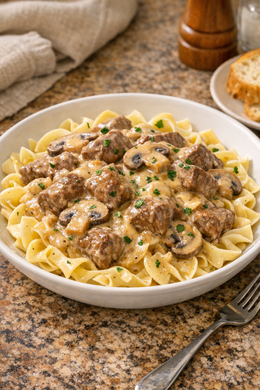 Finished Amish beef stroganoff plated over egg noodles