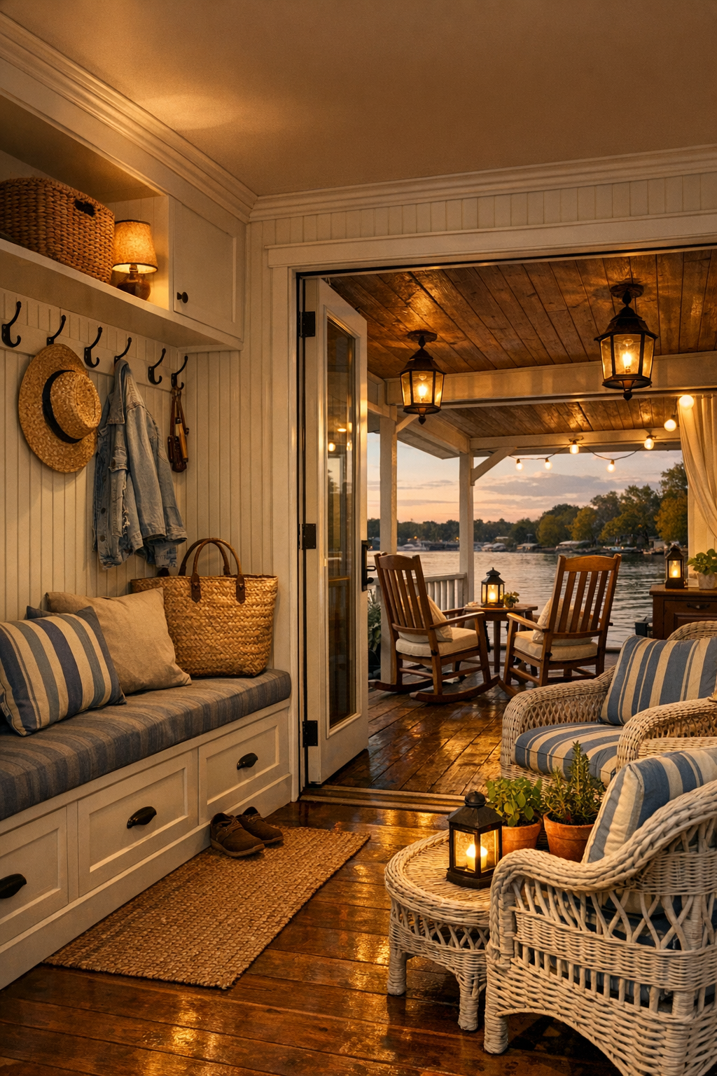 Covered deck and entry nook with cottage storage details, rocking chairs, and soft porch lighting