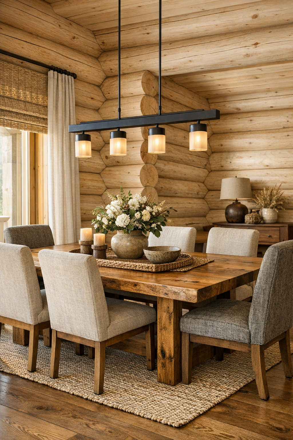 Dining room with handcrafted wood table, upholstered chairs, and warm rustic lighting