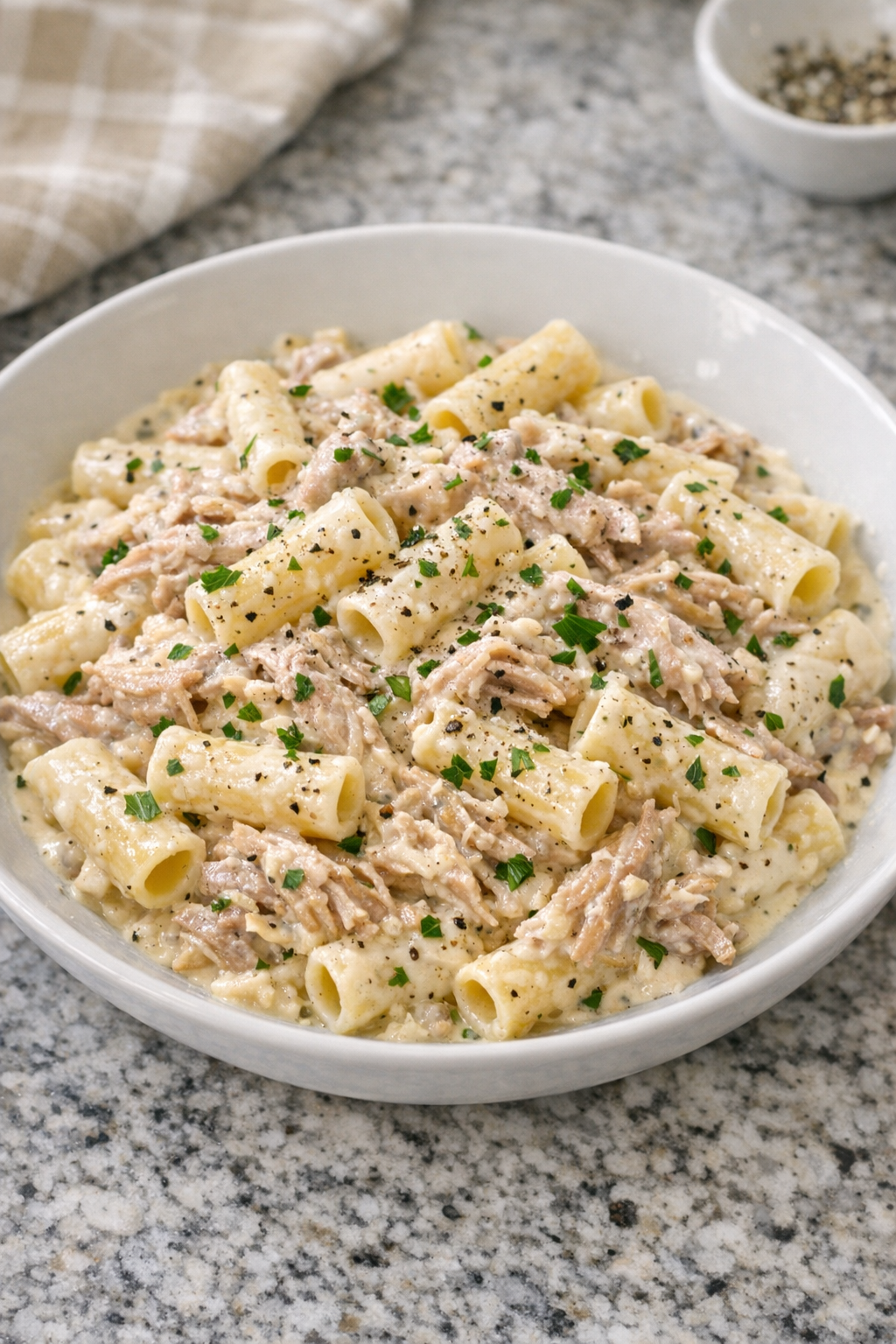 Finished Amish ranch pork pasta plated in a shallow bowl