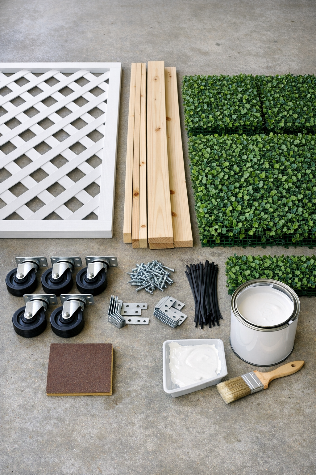 Materials for a rolling lattice privacy screen laid out together