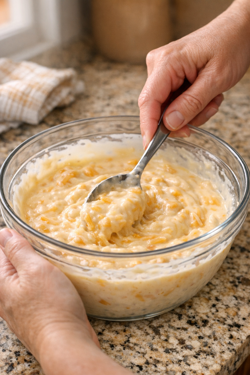 Creamy cheese sauce being mixed in a bowl