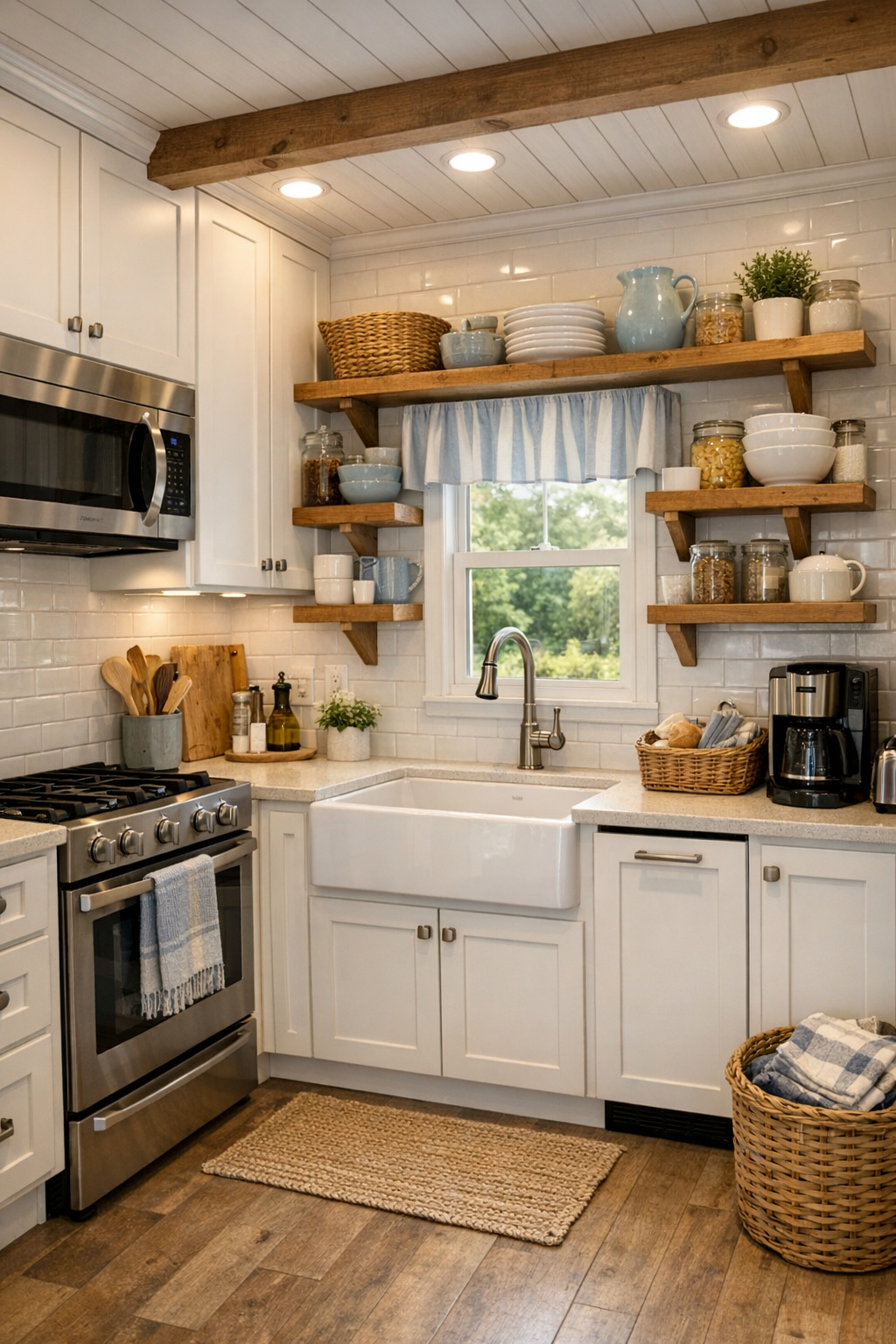 Bright cottage kitchen with shaker cabinets and light counters
