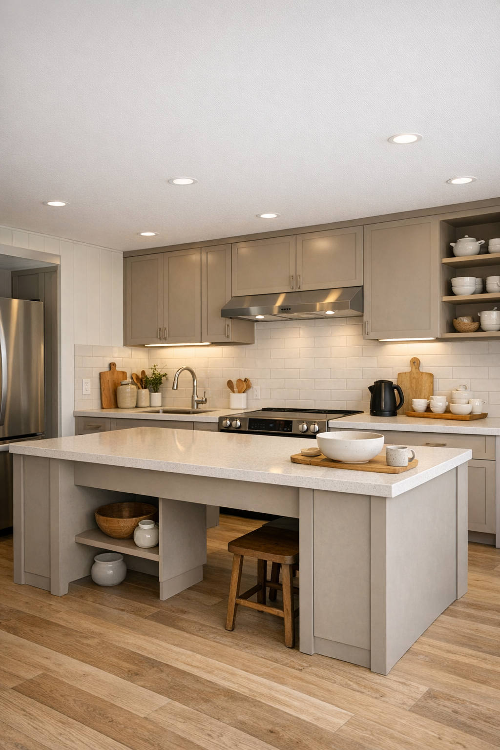 Accessible greige kitchen with quartz counters and wide circulation paths