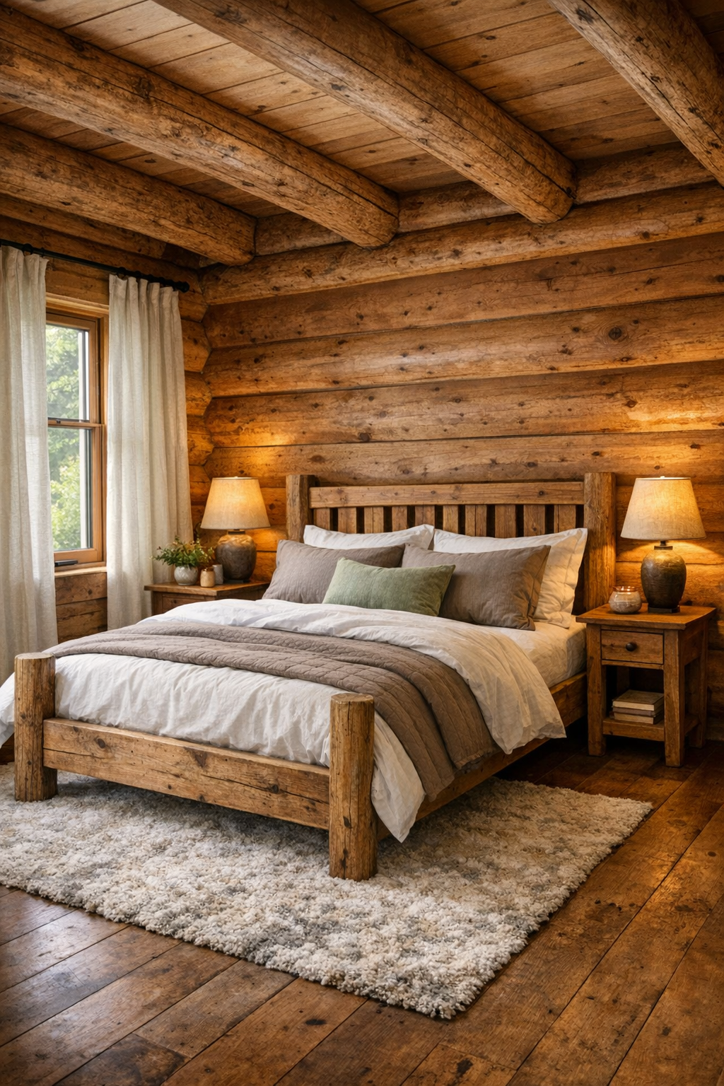 Bedroom with cedar walls, layered neutral bedding, and simple handcrafted furniture