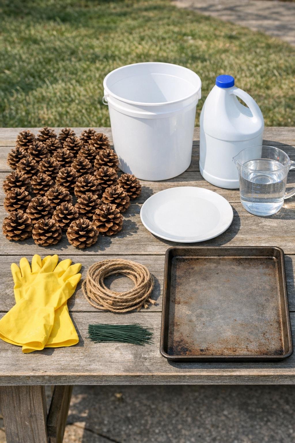 Materials for bleaching pinecones and making a garland laid out together