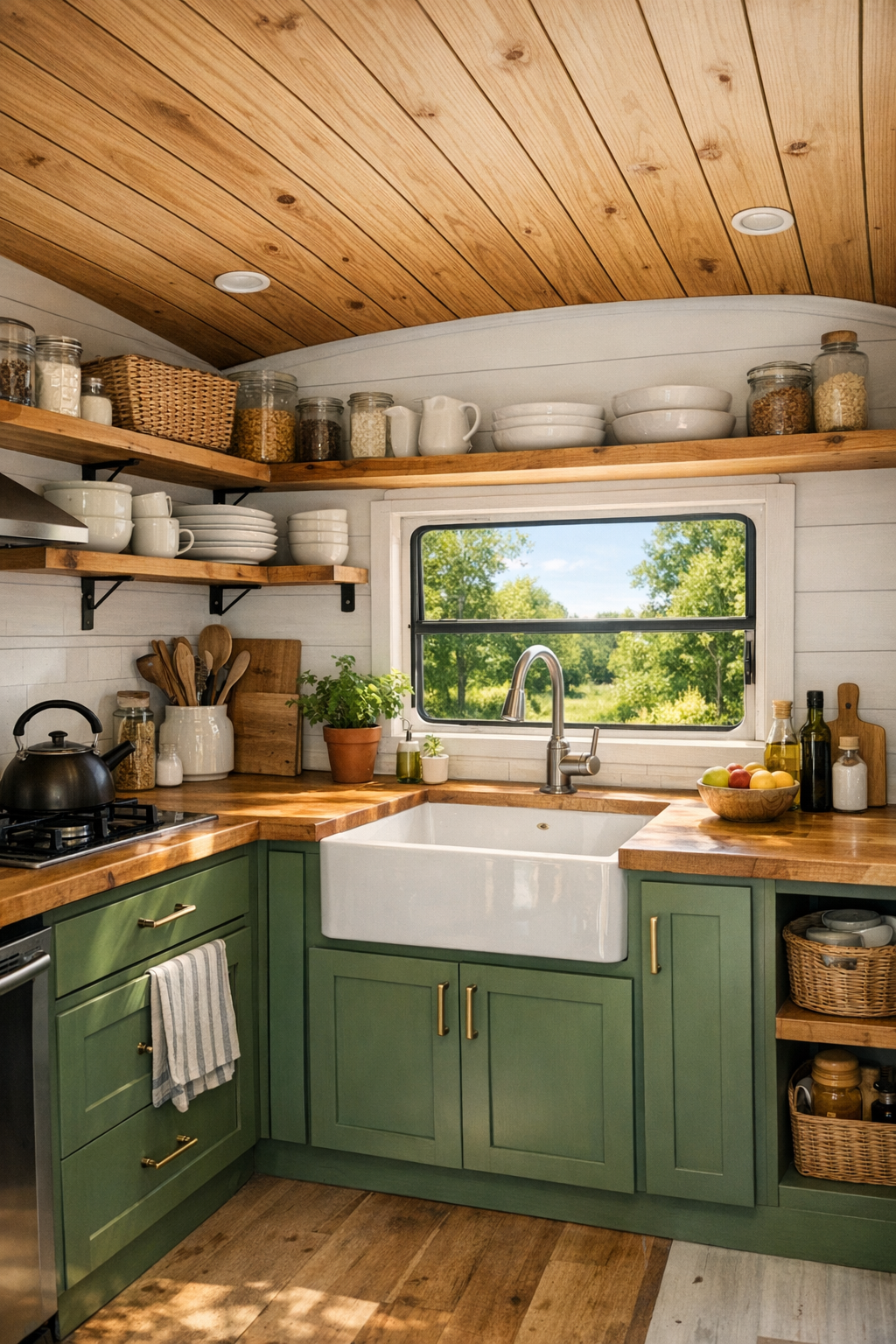 Off-grid bus kitchen with butcher block counters and green shaker cabinets