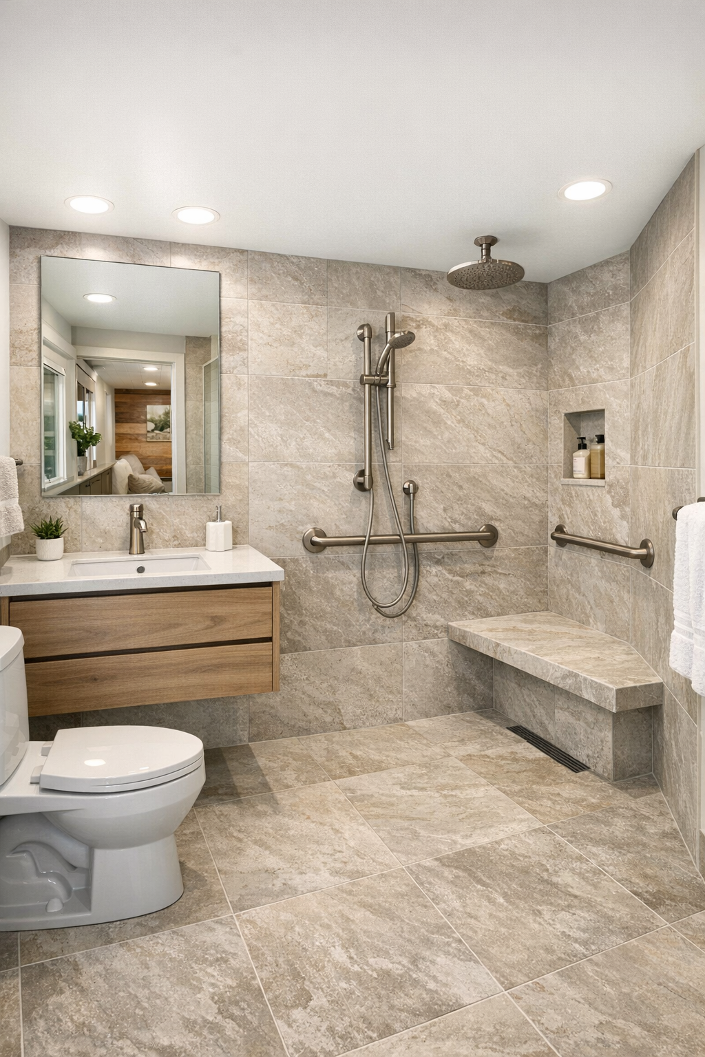 Accessible tiny home bathroom with curbless shower and soft stone tile