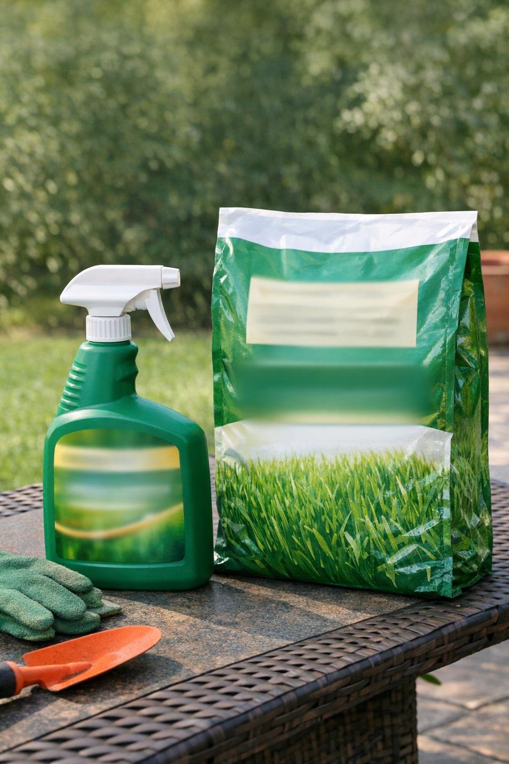 Lawn care product label being read beside a yard